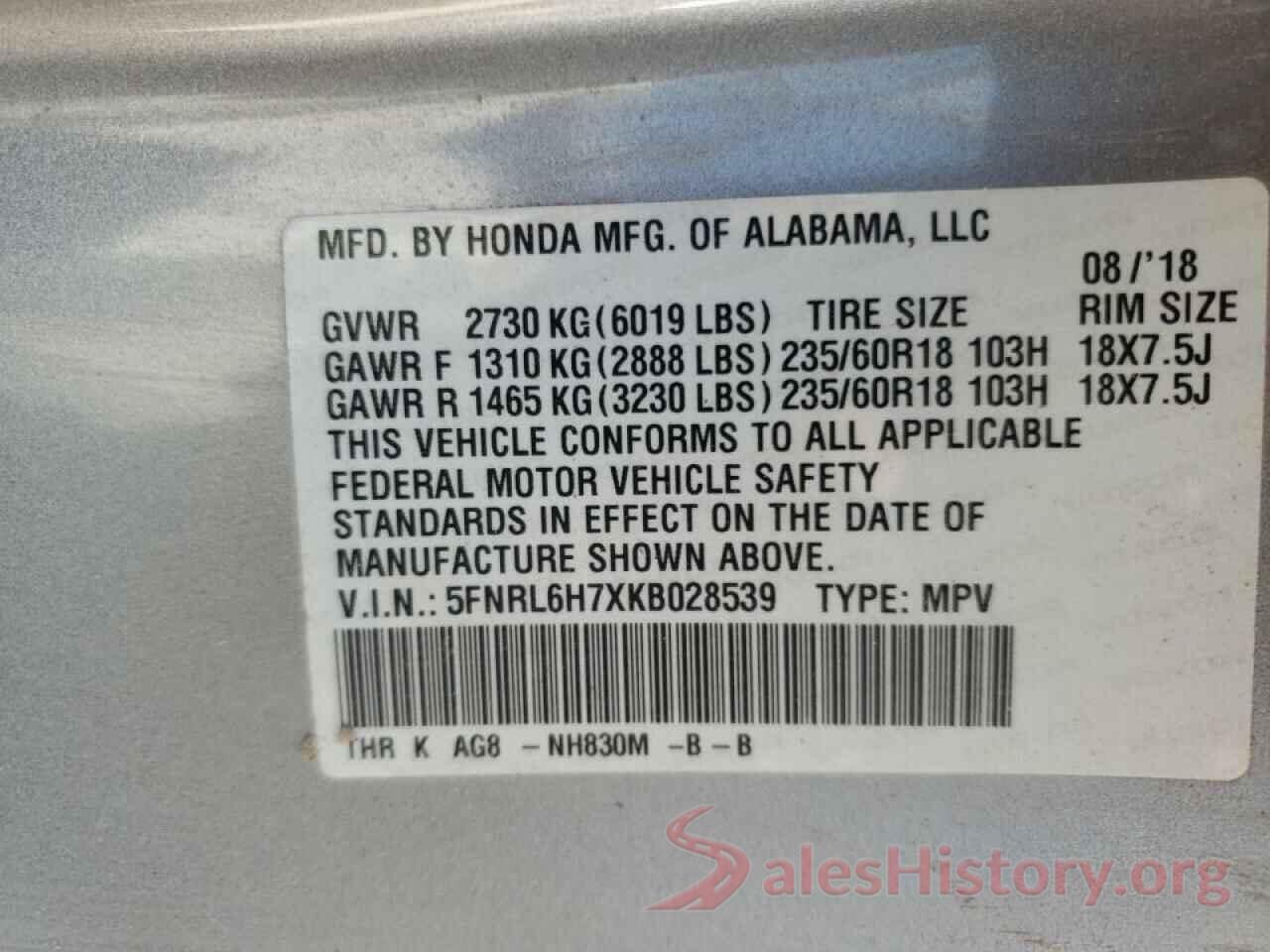 5FNRL6H7XKB028539 2019 HONDA ODYSSEY