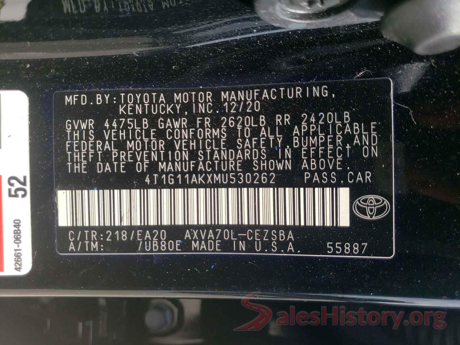 4T1G11AKXMU530262 2021 TOYOTA CAMRY