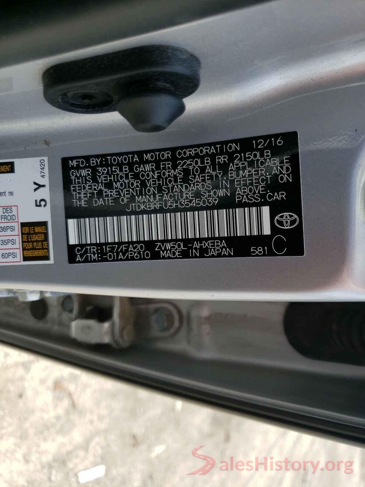 JTDKBRFU5H3545039 2017 TOYOTA PRIUS