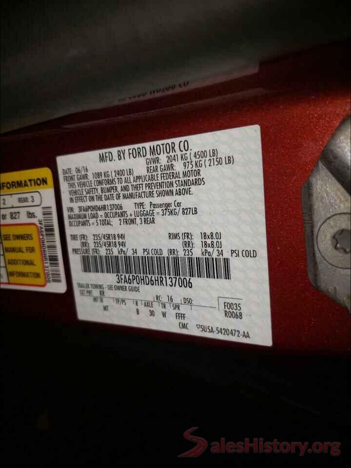 3FA6P0HD6HR137006 2017 FORD FUSION