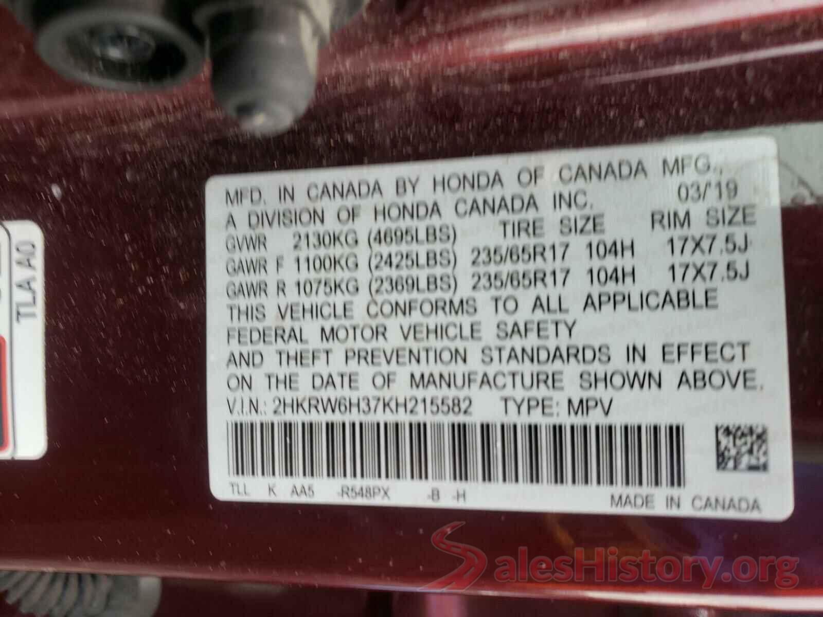 2HKRW6H37KH215582 2019 HONDA CRV