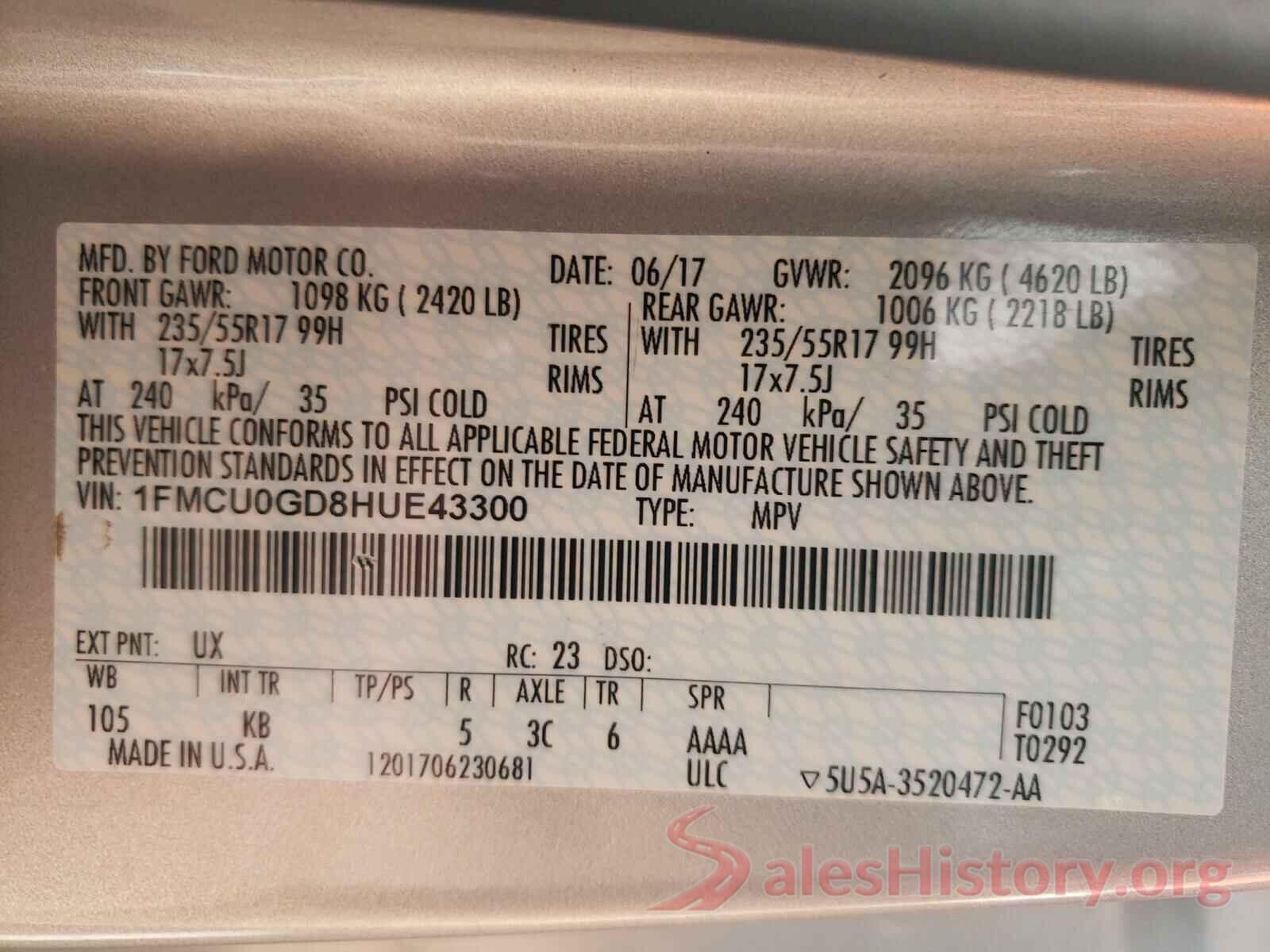 1FMCU0GD8HUE43300 2017 FORD ESCAPE