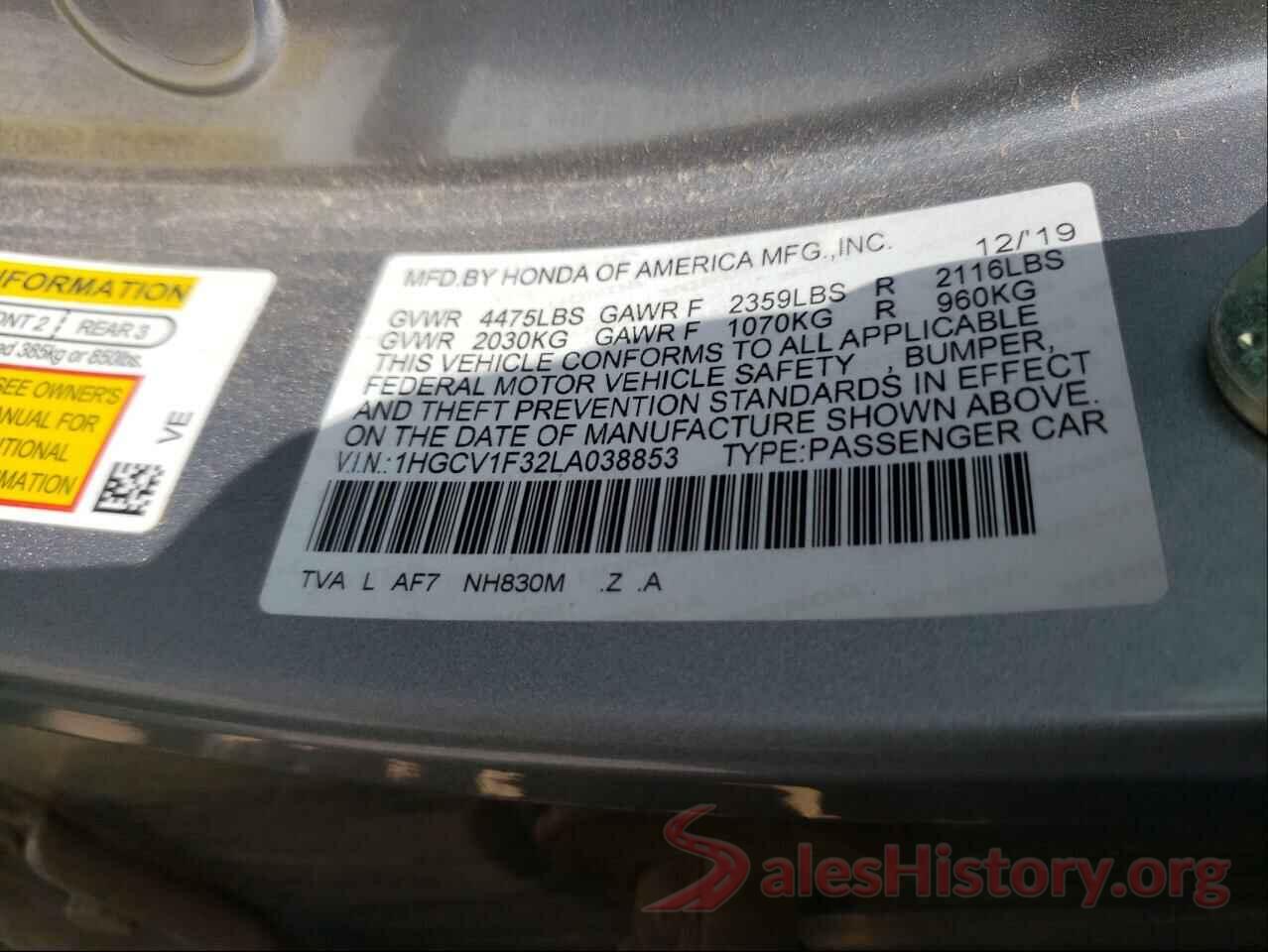 1HGCV1F32LA038853 2020 HONDA ACCORD