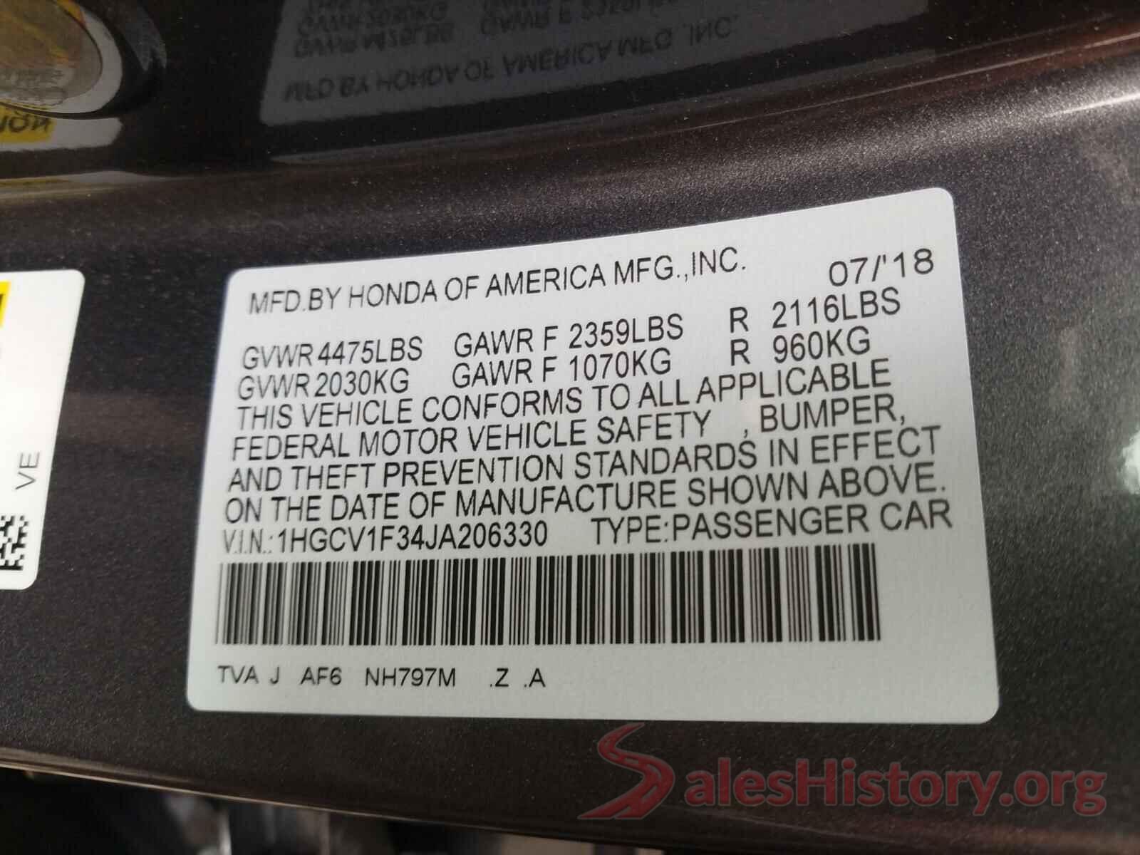 1HGCV1F34JA206330 2018 HONDA ACCORD