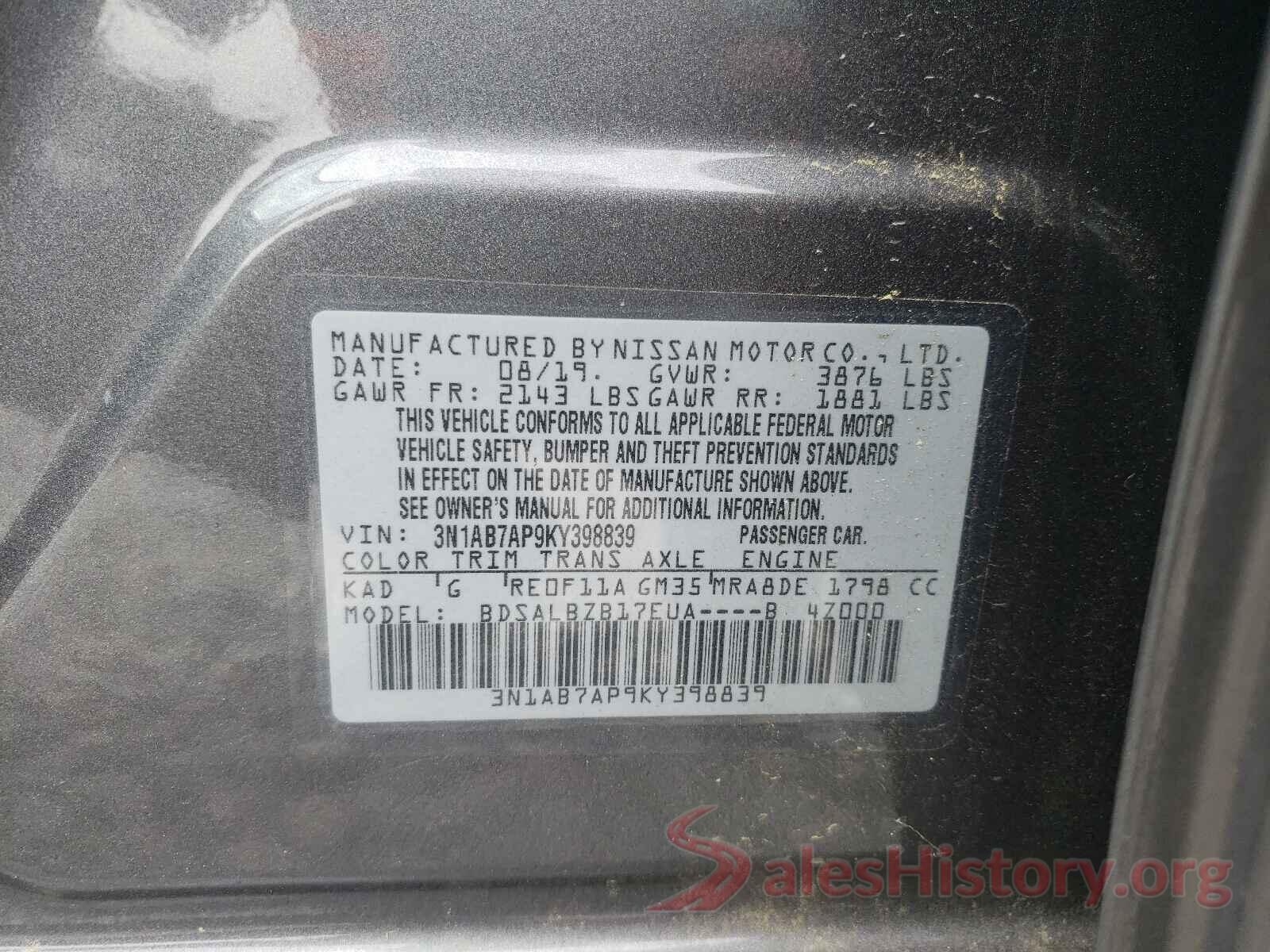 3N1AB7AP9KY398839 2019 NISSAN SENTRA