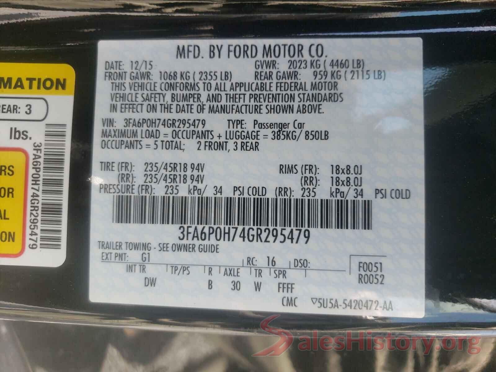 3FA6P0H74GR295479 2016 FORD FUSION