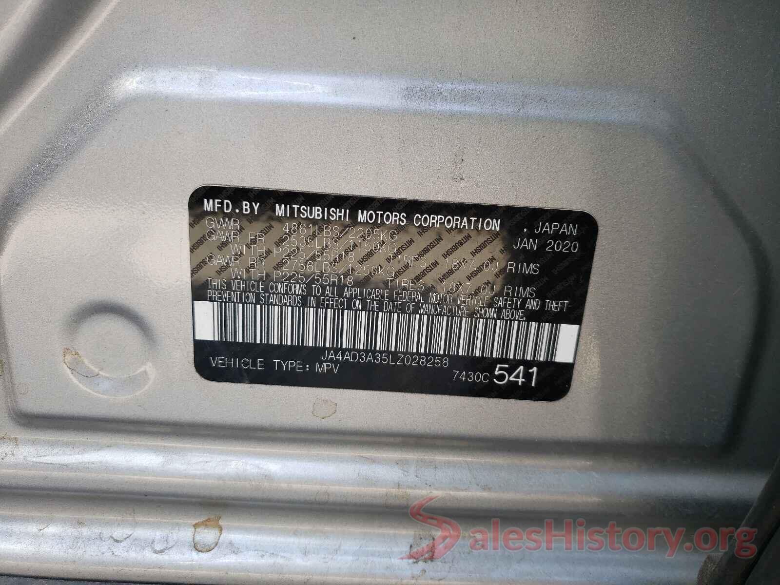 JA4AD3A35LZ028258 2020 MITSUBISHI OUTLANDER