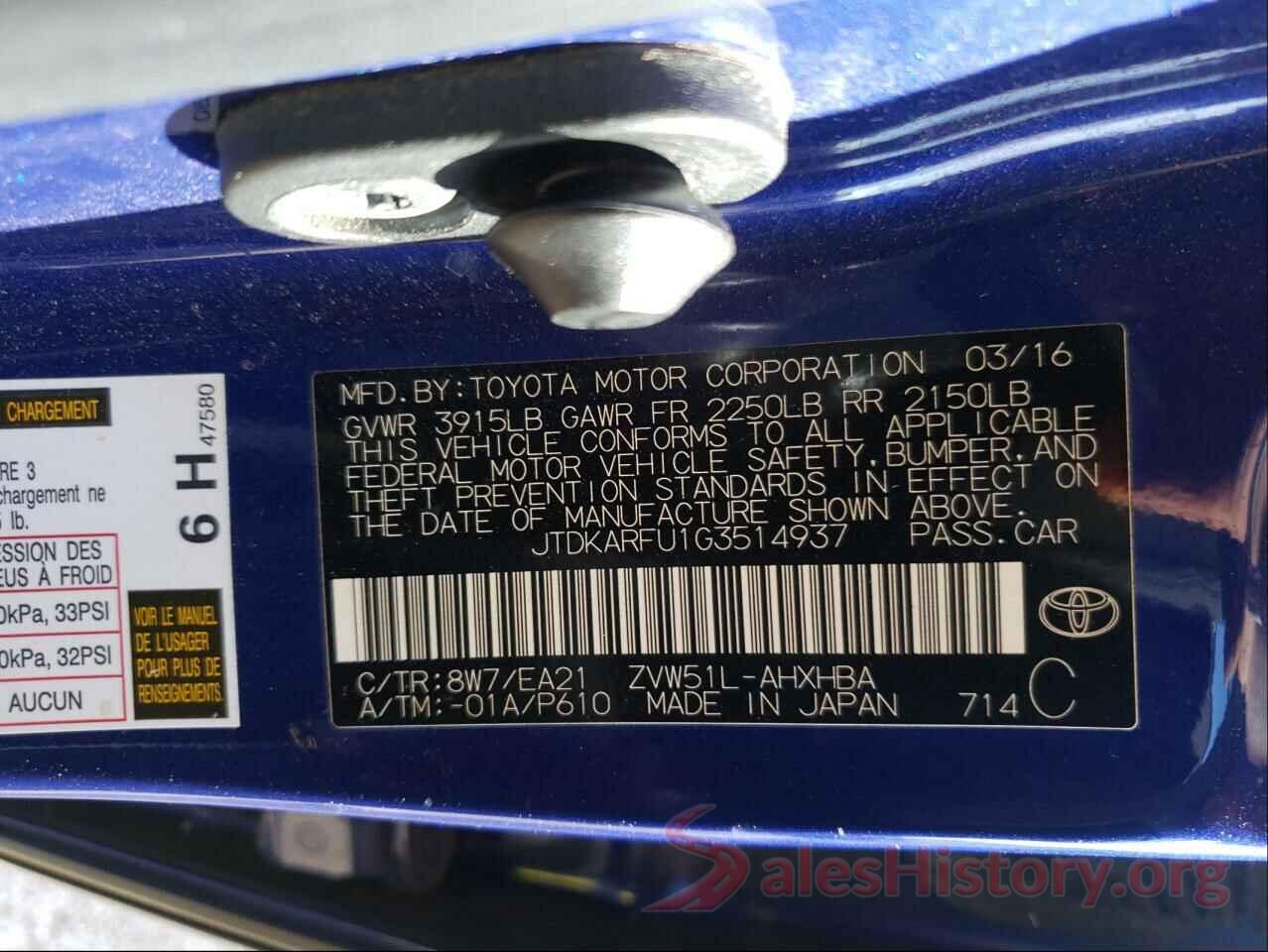 JTDKARFU1G3514937 2016 TOYOTA PRIUS