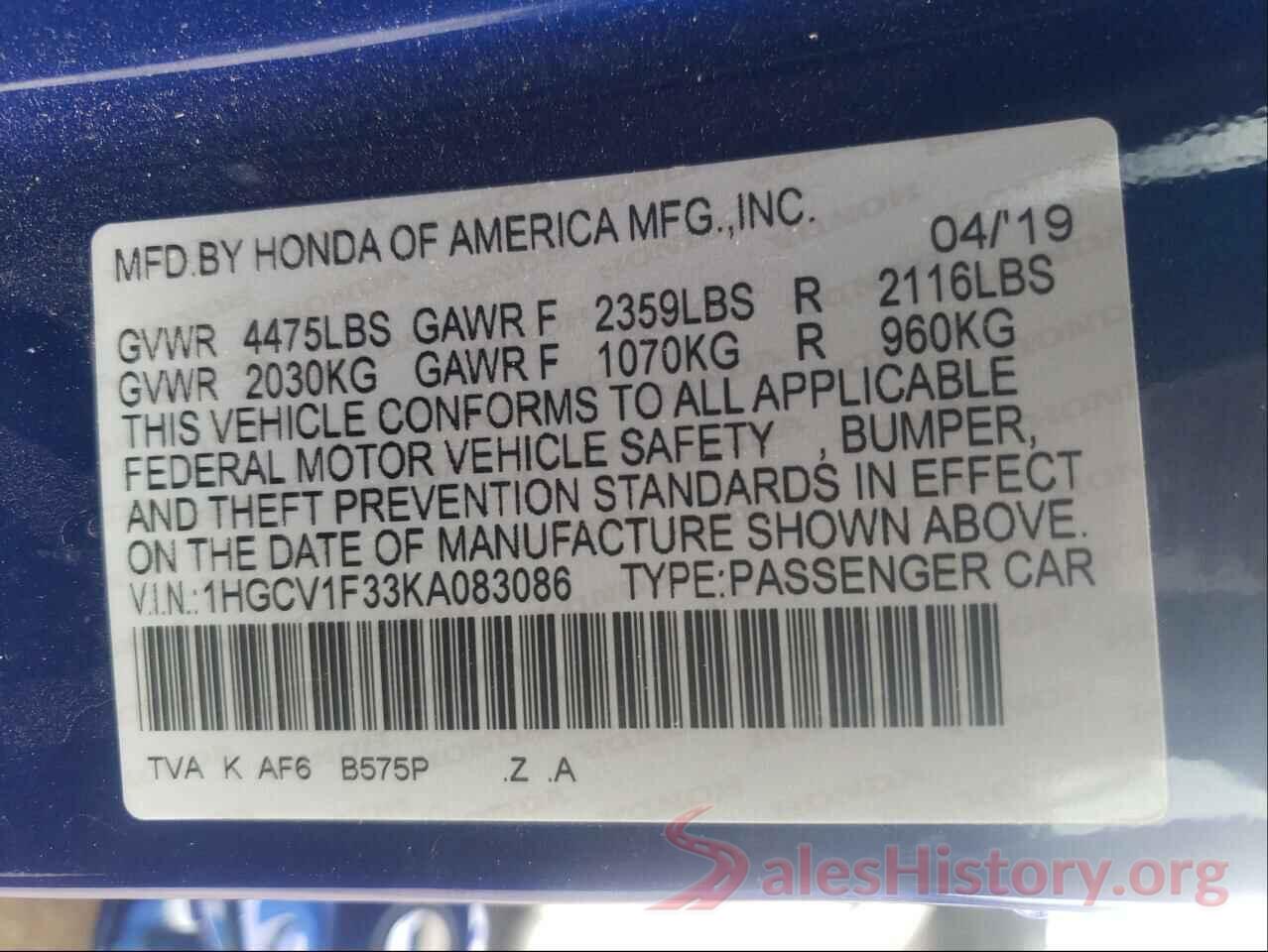 1HGCV1F33KA083086 2019 HONDA ACCORD