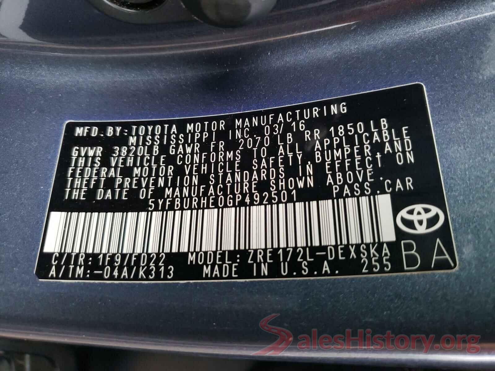 5YFBURHE0GP492501 2016 TOYOTA COROLLA