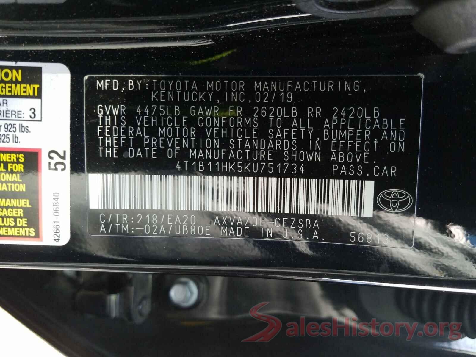 4T1B11HK5KU751734 2019 TOYOTA CAMRY