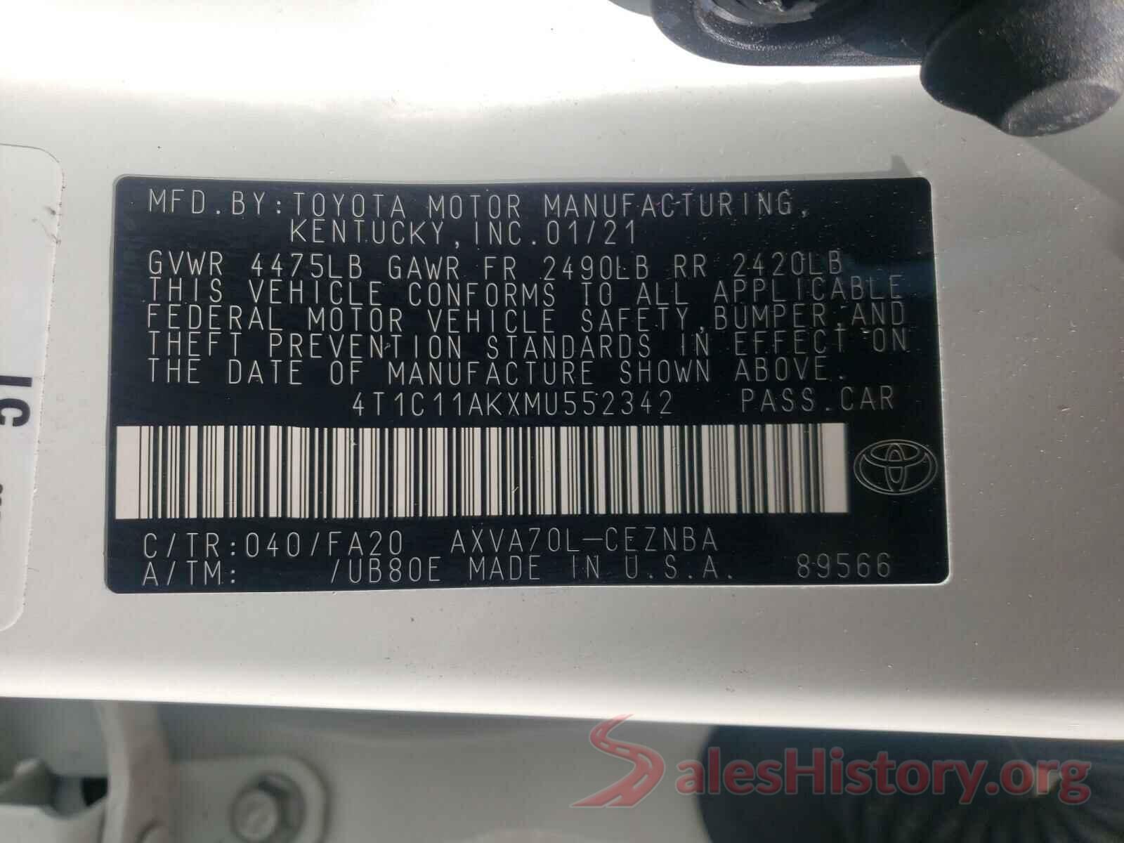 4T1C11AKXMU552342 2021 TOYOTA CAMRY