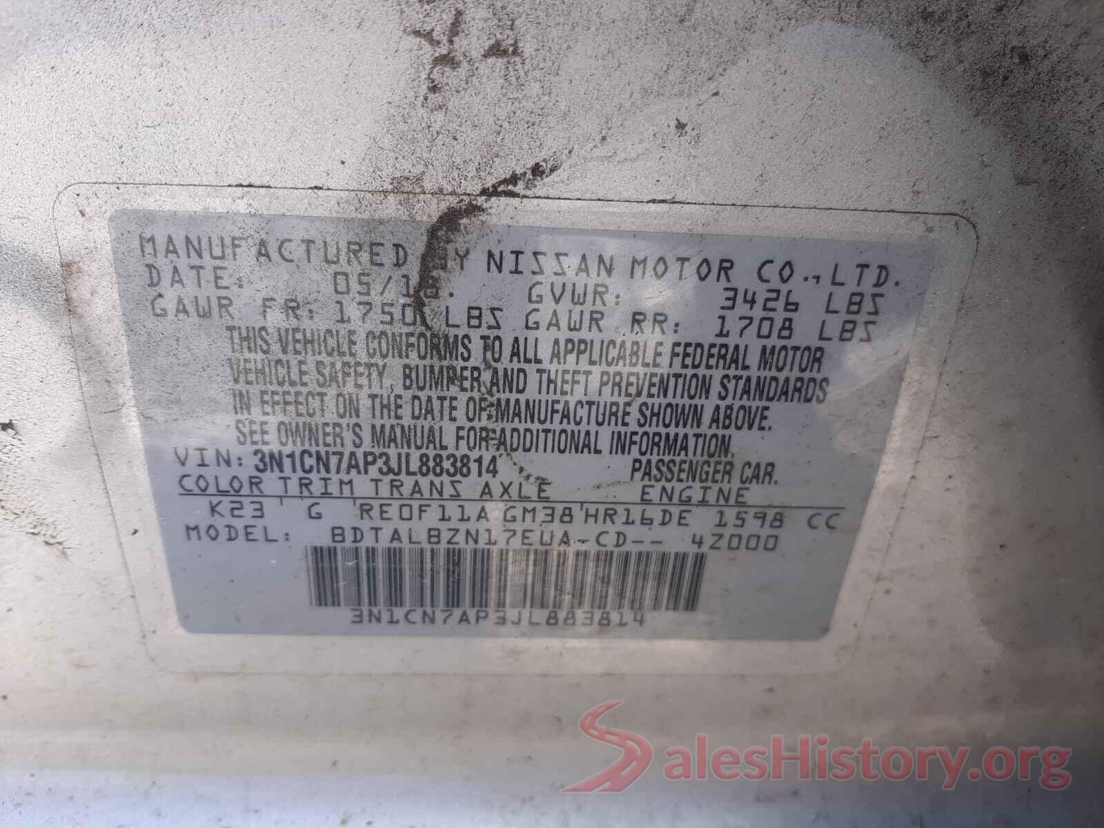 3N1CN7AP3JL883814 2018 NISSAN VERSA