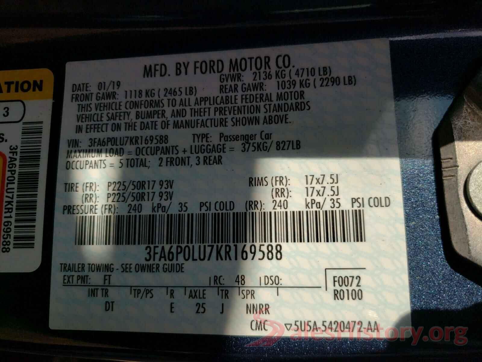 3FA6P0LU7KR169588 2019 FORD FUSION