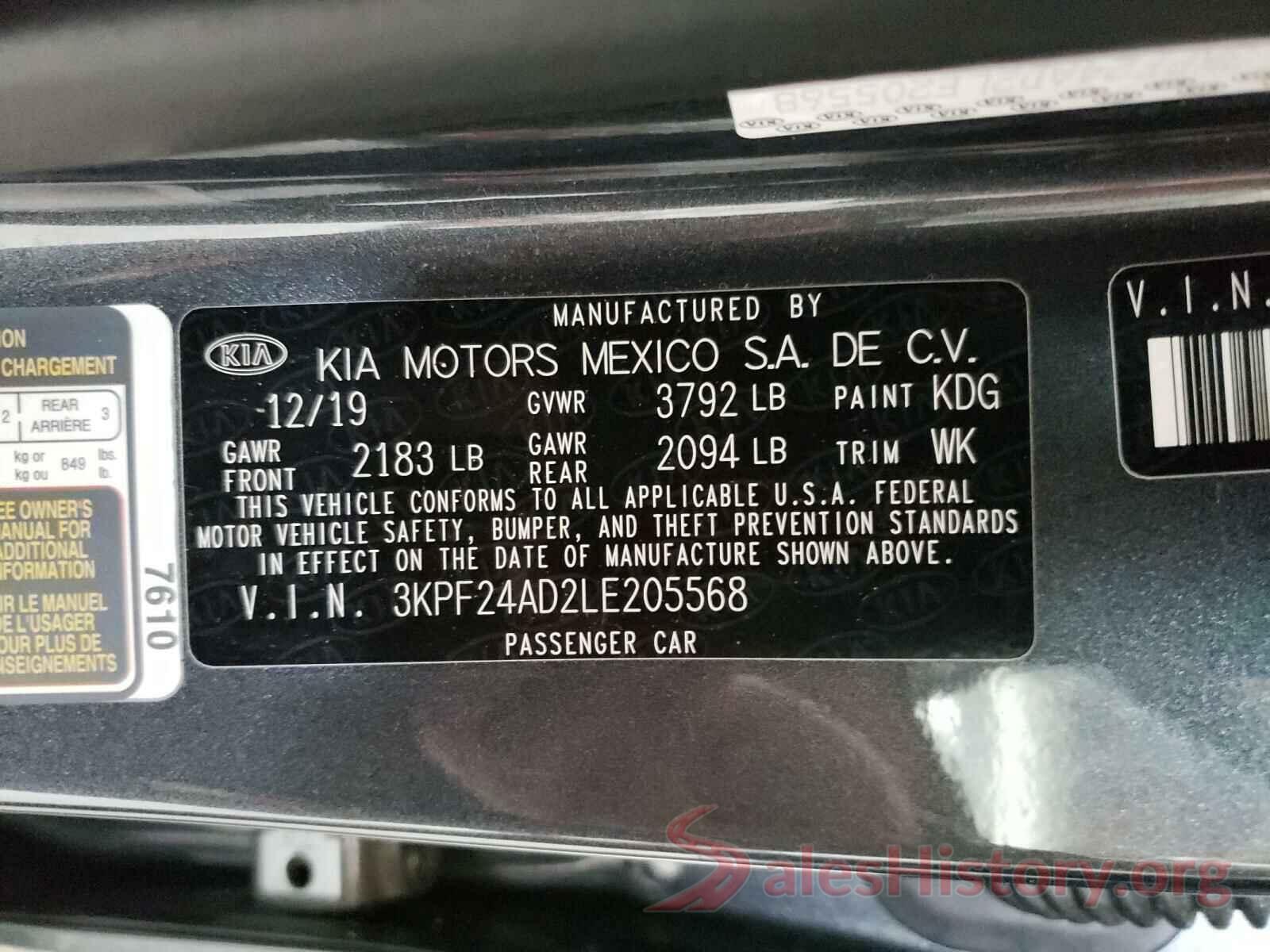 3KPF24AD2LE205568 2020 KIA FORTE