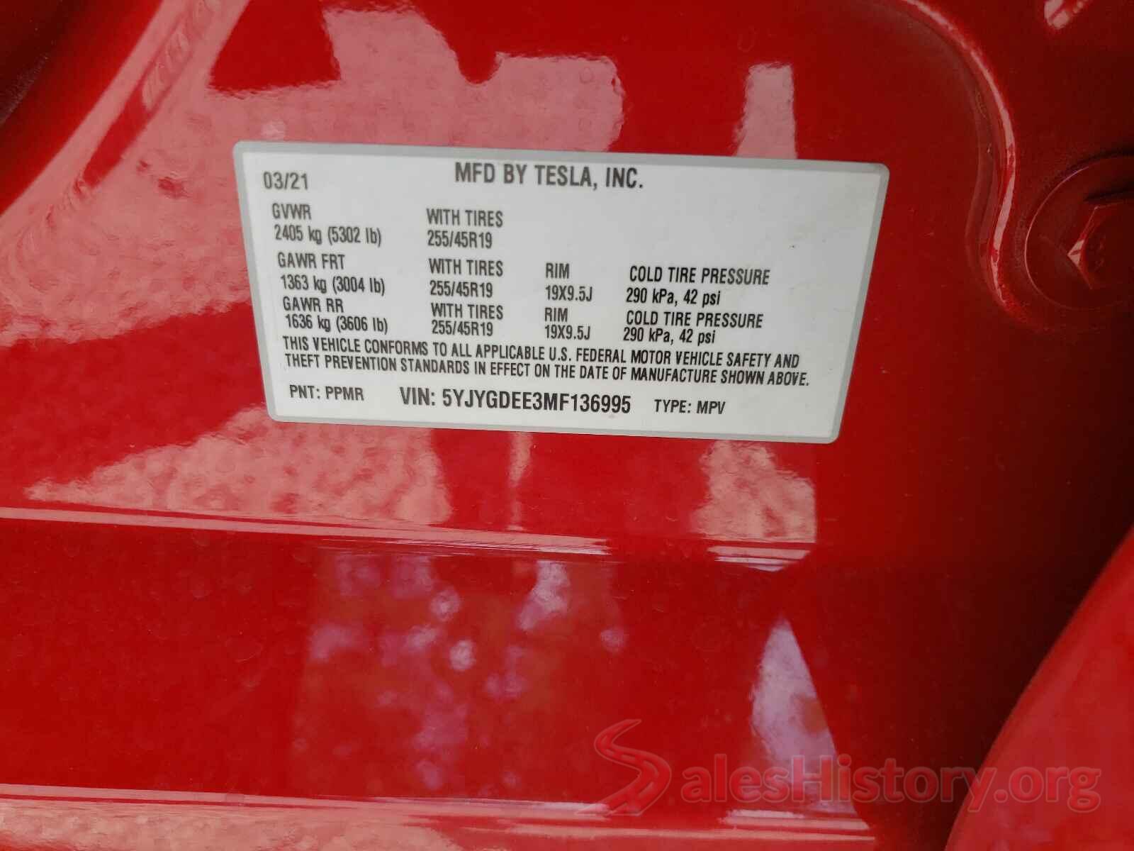 5YJYGDEE3MF136995 2021 TESLA MODEL Y