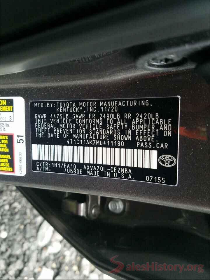 4T1C11AK7MU411180 2021 TOYOTA CAMRY