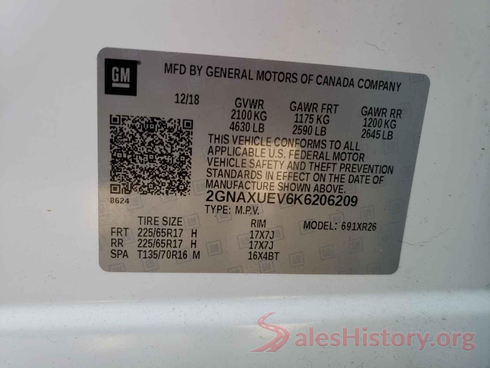 2GNAXUEV6K6206209 2019 CHEVROLET EQUINOX