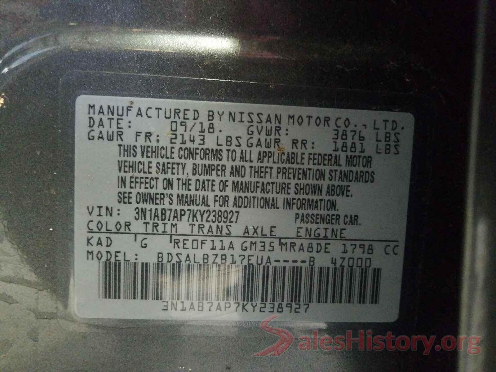 3N1AB7AP7KY238927 2019 NISSAN SENTRA