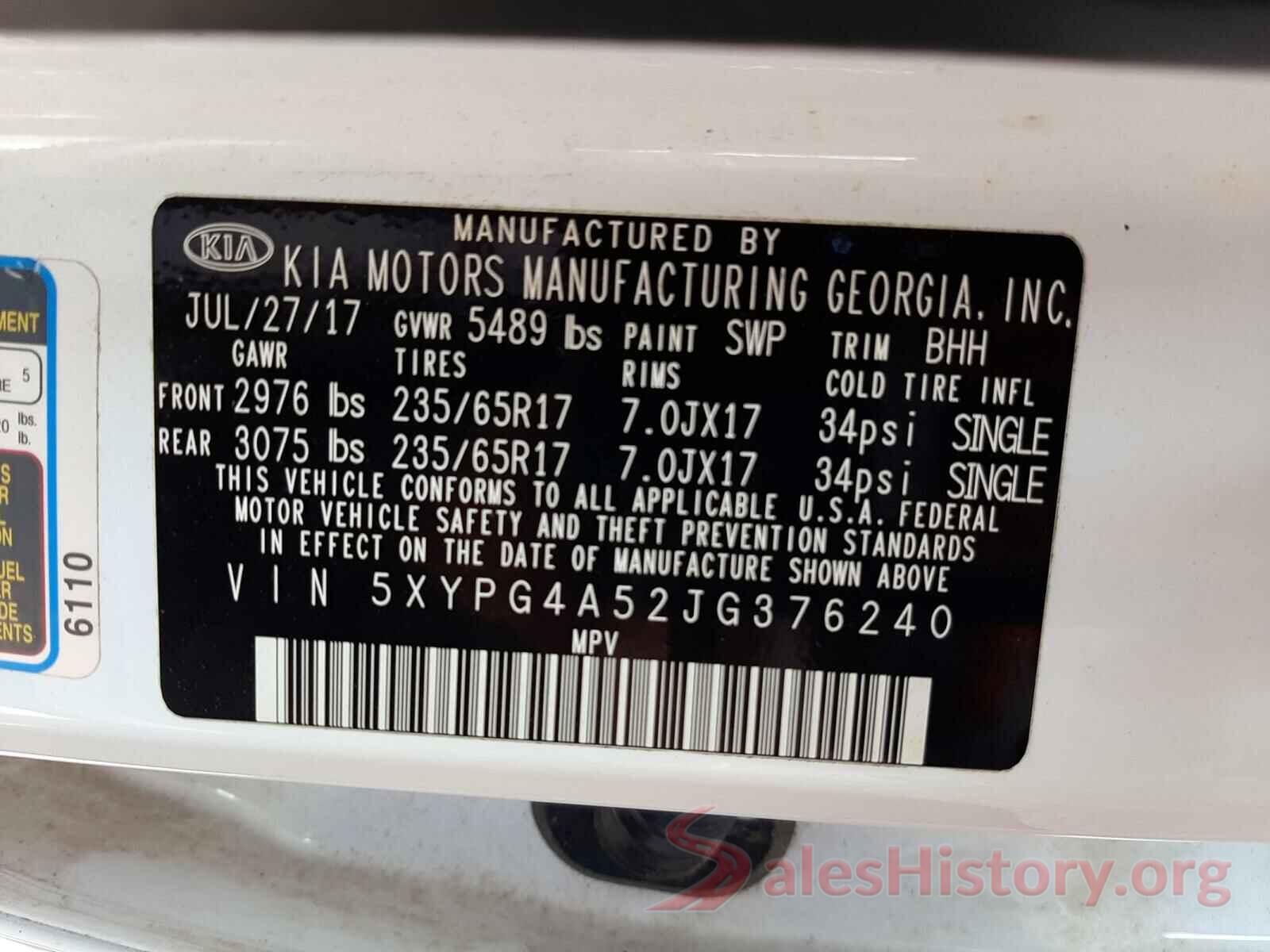 5XYPG4A52JG376240 2018 KIA SORENTO