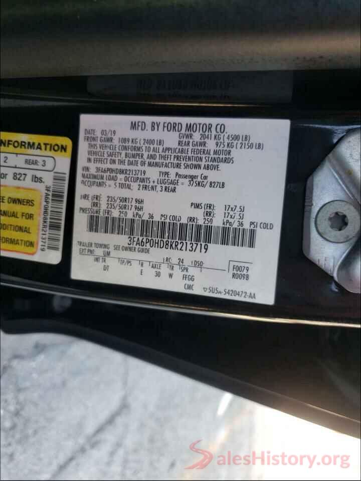 3FA6P0HD8KR213719 2019 FORD FUSION