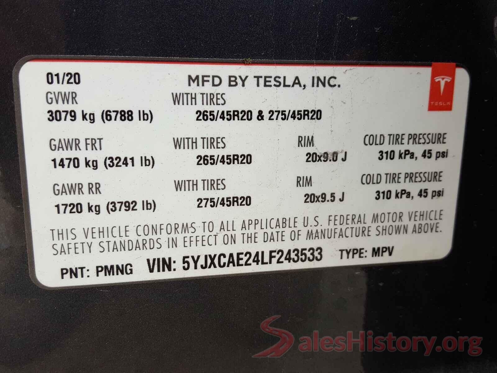 5YJXCAE24LF243533 2020 TESLA MODEL X