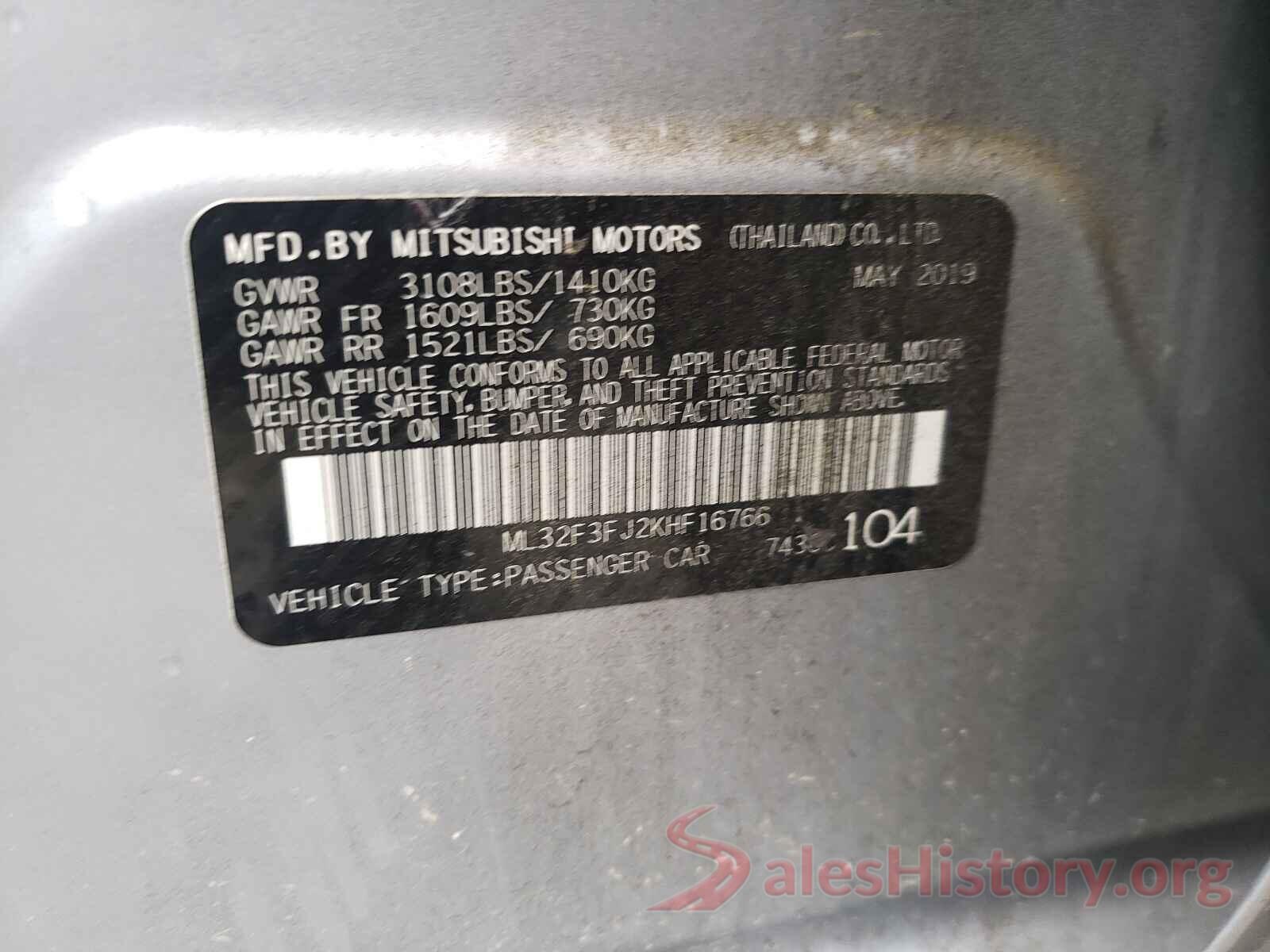 ML32F3FJ2KHF16766 2019 MITSUBISHI MIRAGE