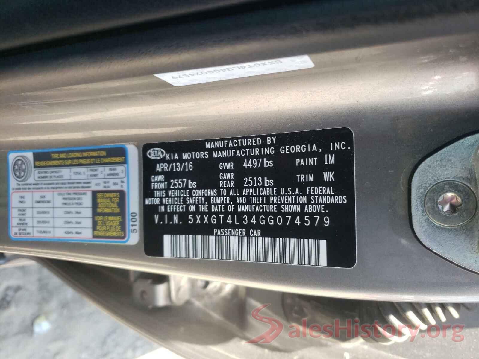 5XXGT4L34GG074579 2016 KIA OPTIMA