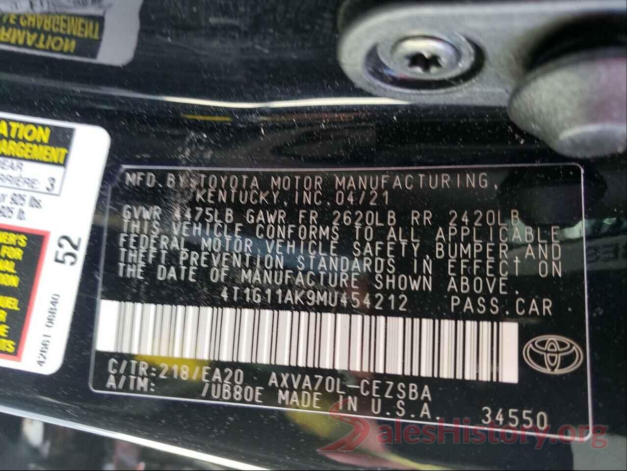 4T1G11AK9MU454212 2021 TOYOTA CAMRY