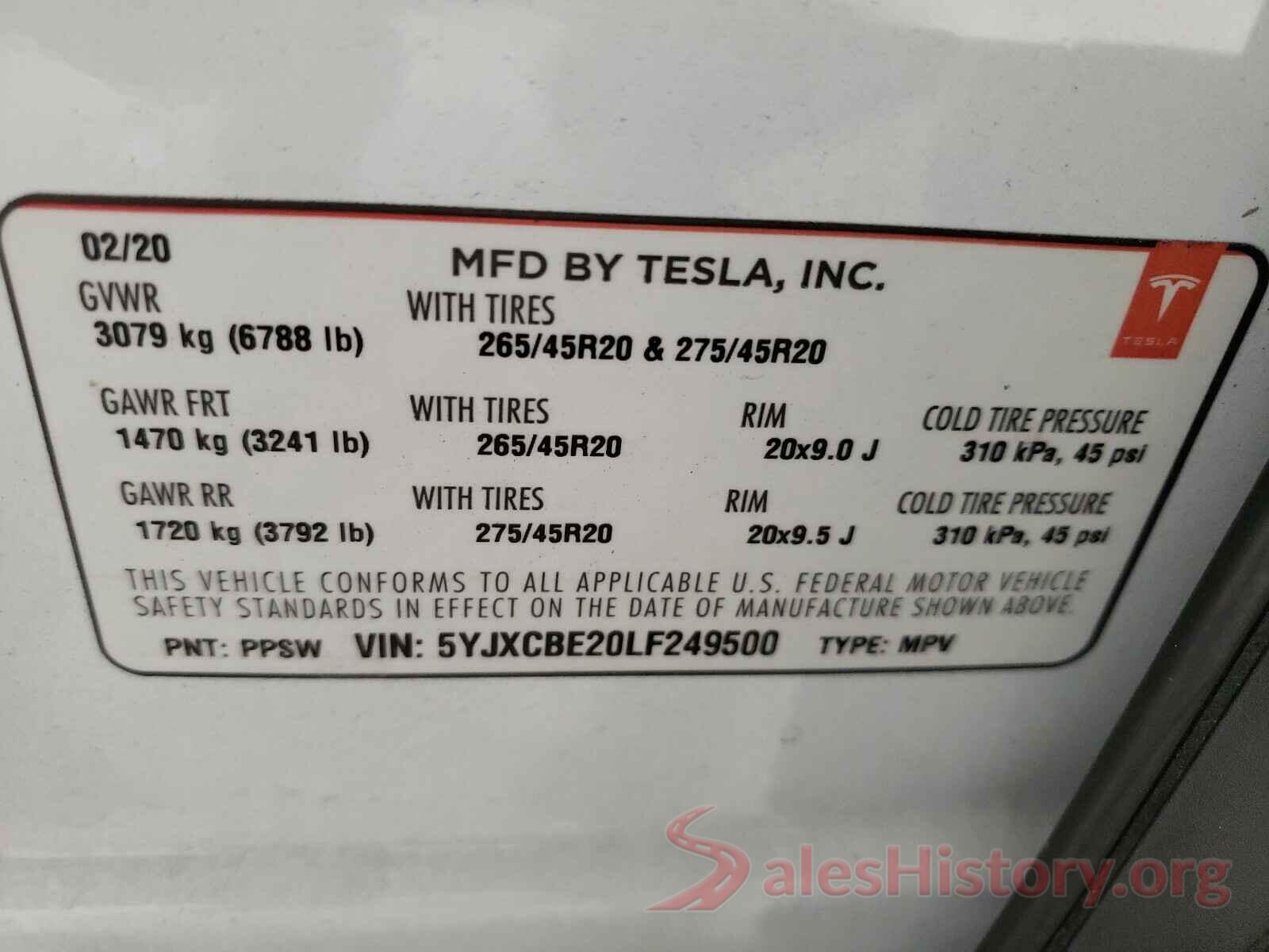 5YJXCBE20LF249500 2020 TESLA MODEL S