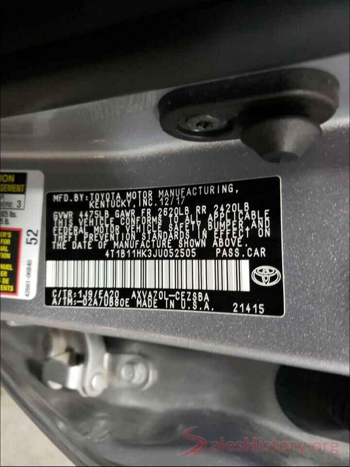 4T1B11HK3JU052505 2018 TOYOTA CAMRY