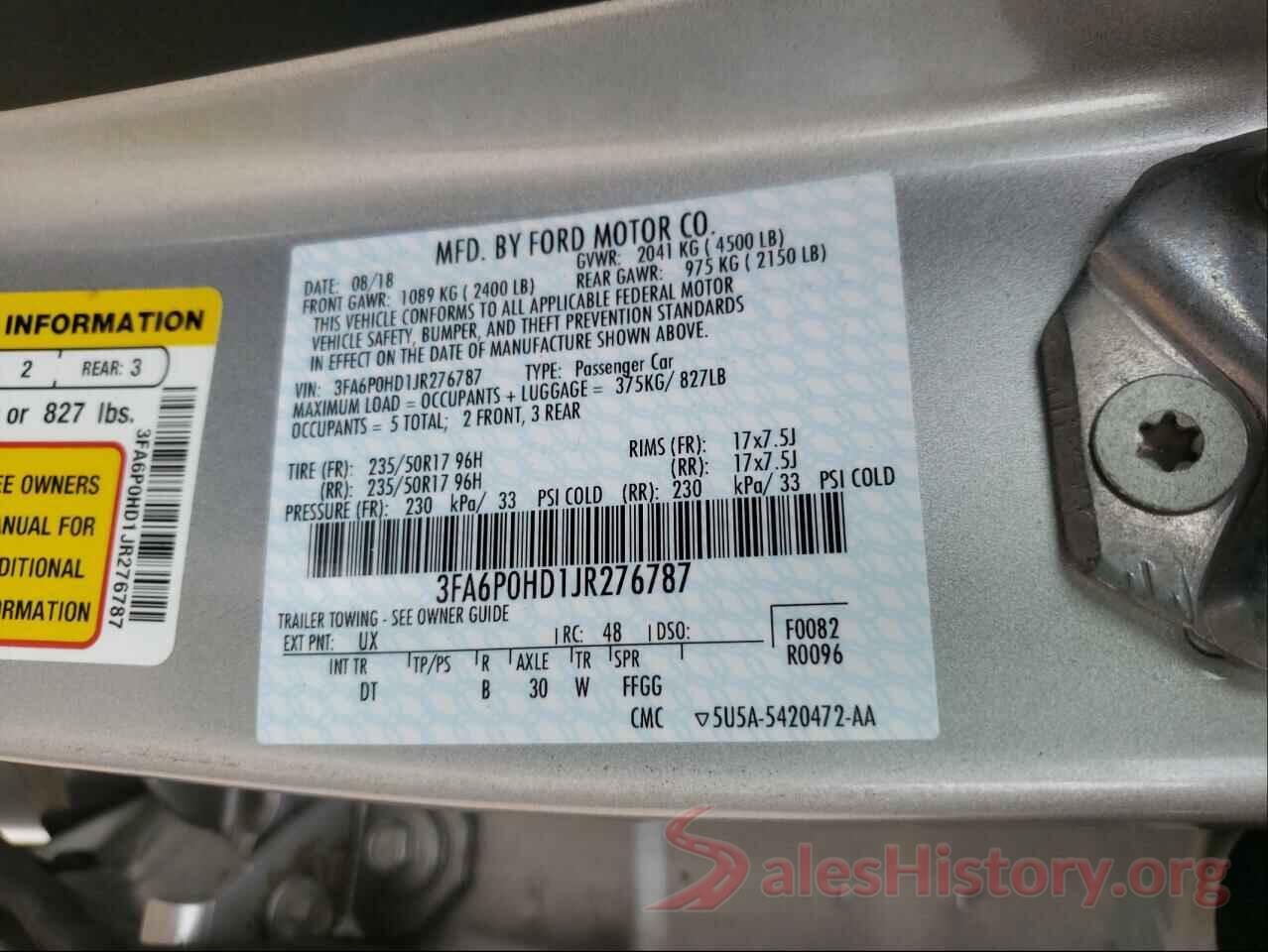 3FA6P0HD1JR276787 2018 FORD FUSION