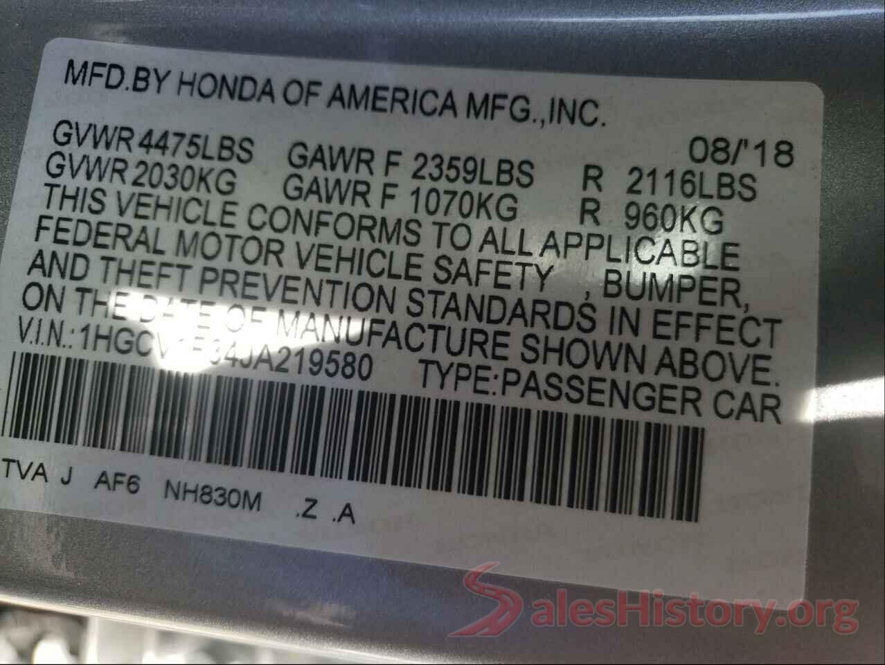 1HGCV1F34JA219580 2018 HONDA ACCORD