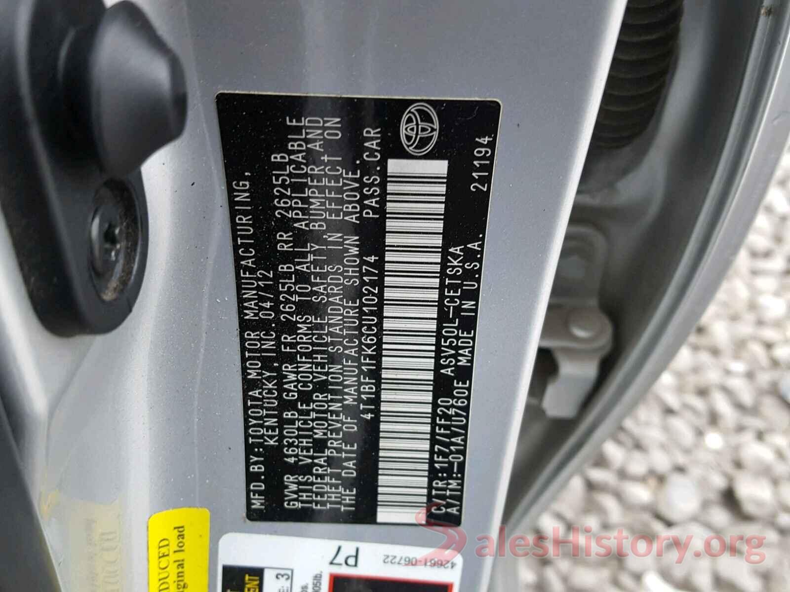 4T1BF1FK6CU102174 2012 TOYOTA CAMRY BASE