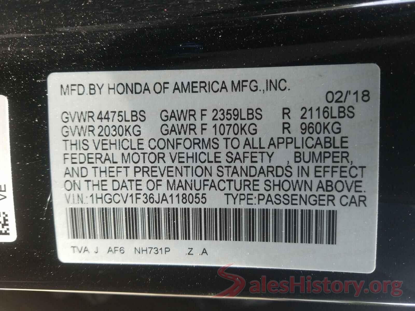 1HGCV1F36JA118055 2018 HONDA ACCORD