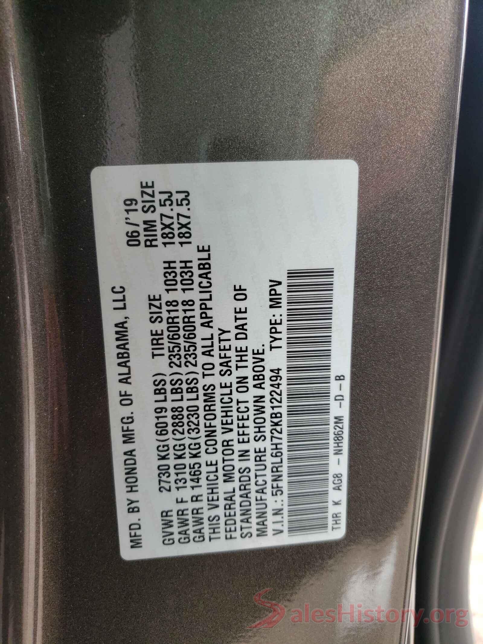 5FNRL6H72KB122494 2019 HONDA ODYSSEY