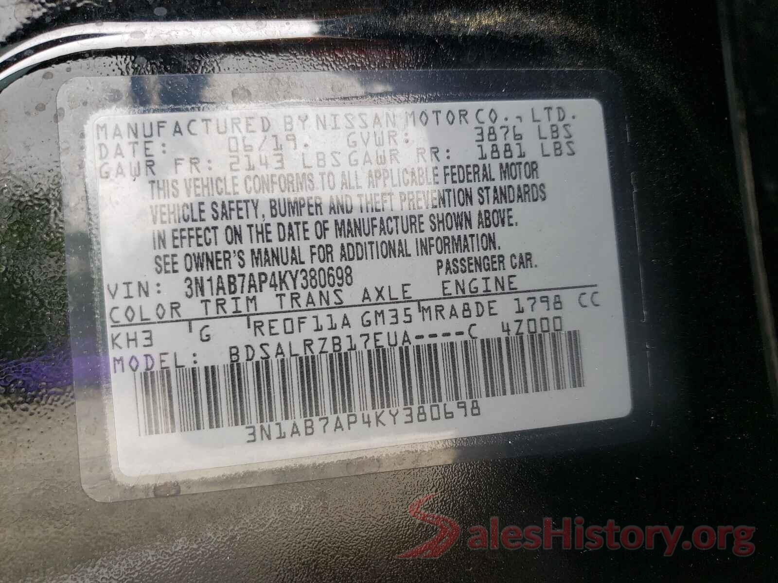 3N1AB7AP4KY380698 2019 NISSAN SENTRA