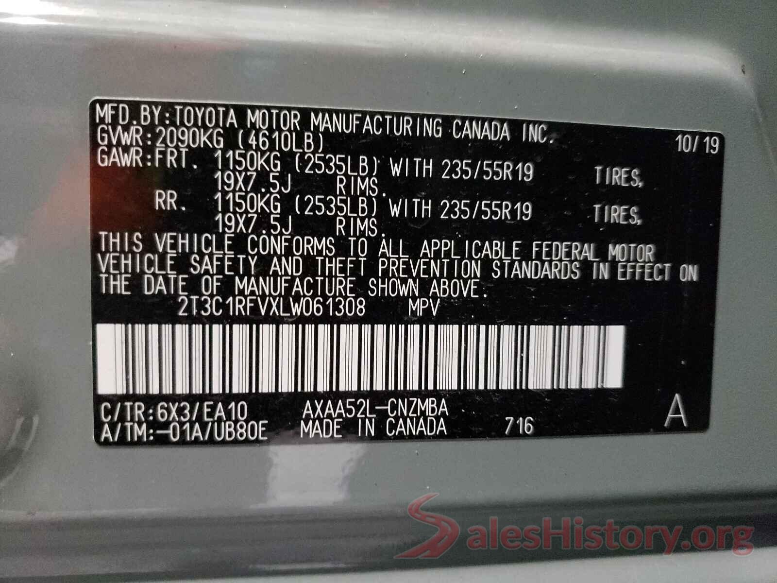 2T3C1RFVXLW061308 2020 TOYOTA RAV4