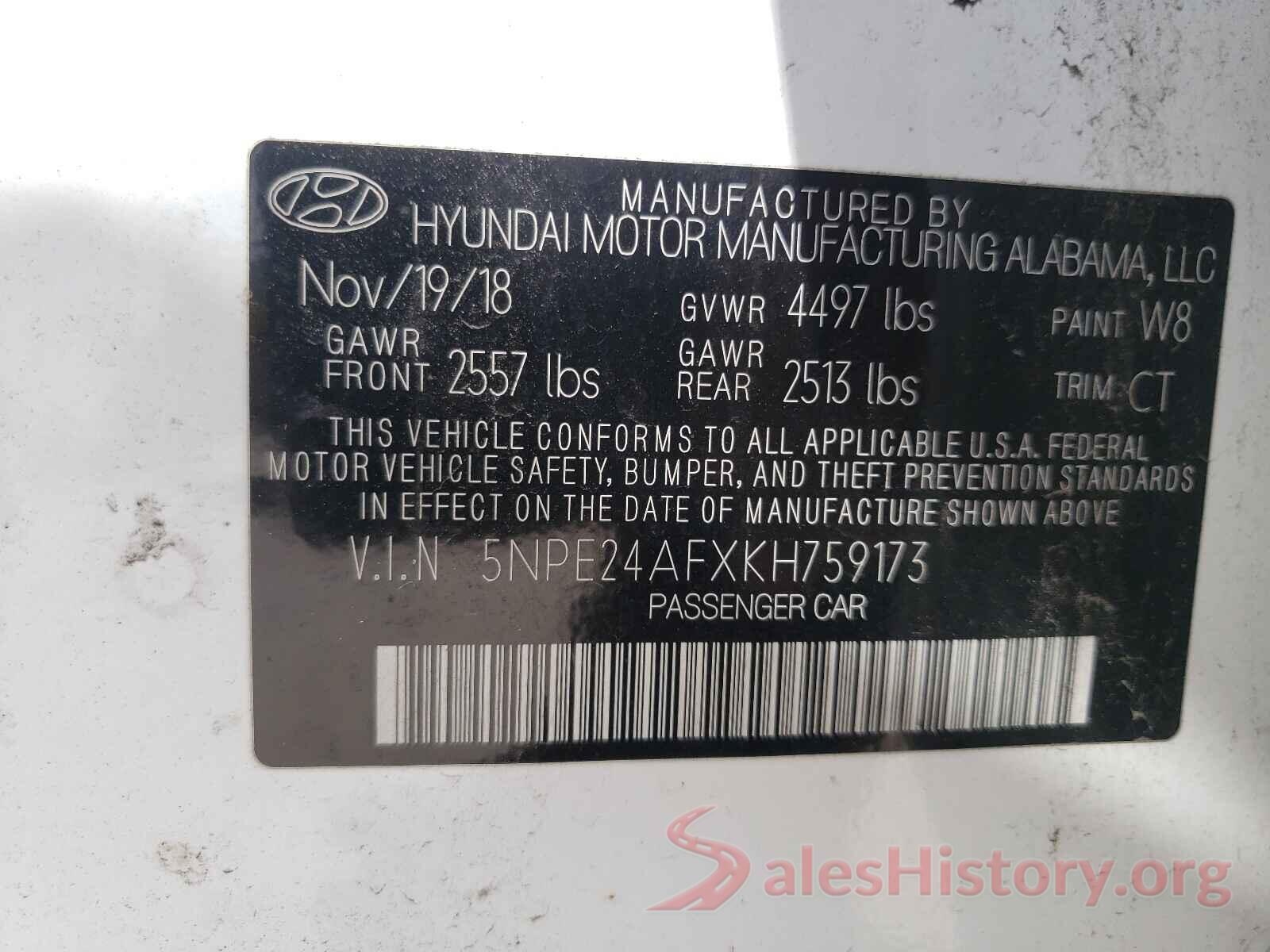 5NPE24AFXKH759173 2019 HYUNDAI SONATA