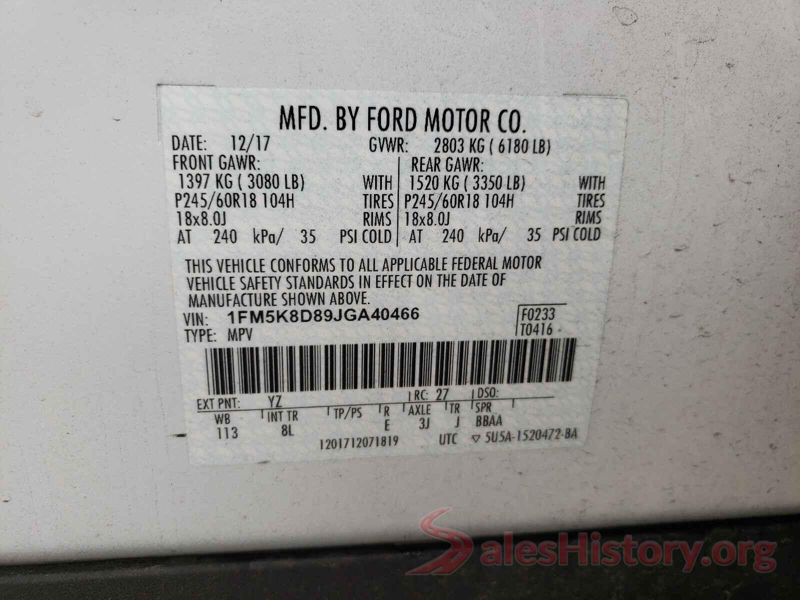 1FM5K8D89JGA40466 2018 FORD EXPLORER