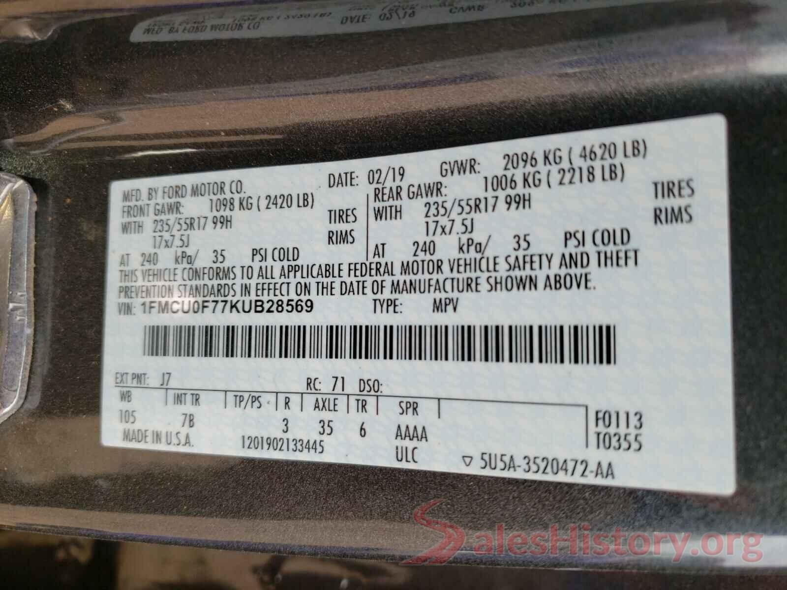 1FMCU0F77KUB28569 2019 FORD ESCAPE