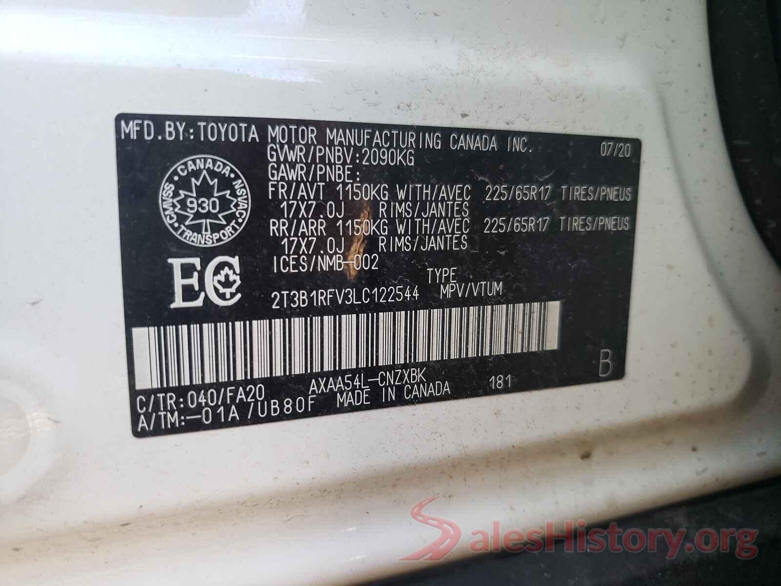 2T3B1RFV3LC122544 2020 TOYOTA RAV4