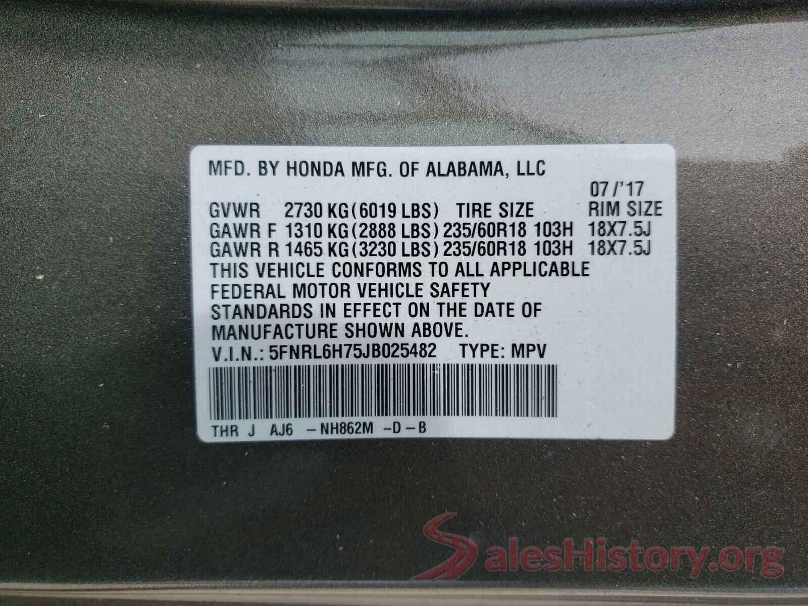 5FNRL6H75JB025482 2018 HONDA ODYSSEY