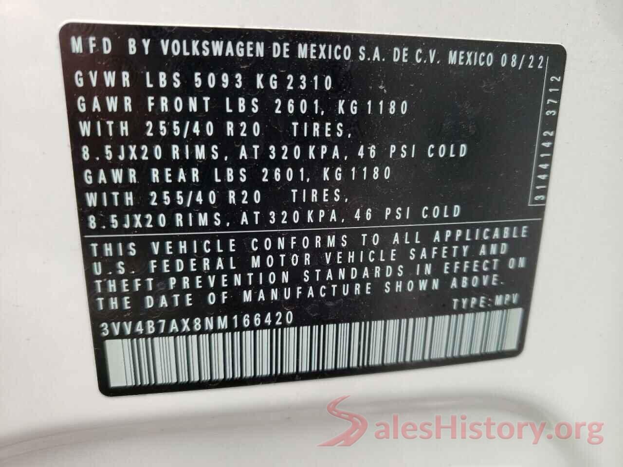 3VV4B7AX8NM166420 2022 VOLKSWAGEN TIGUAN