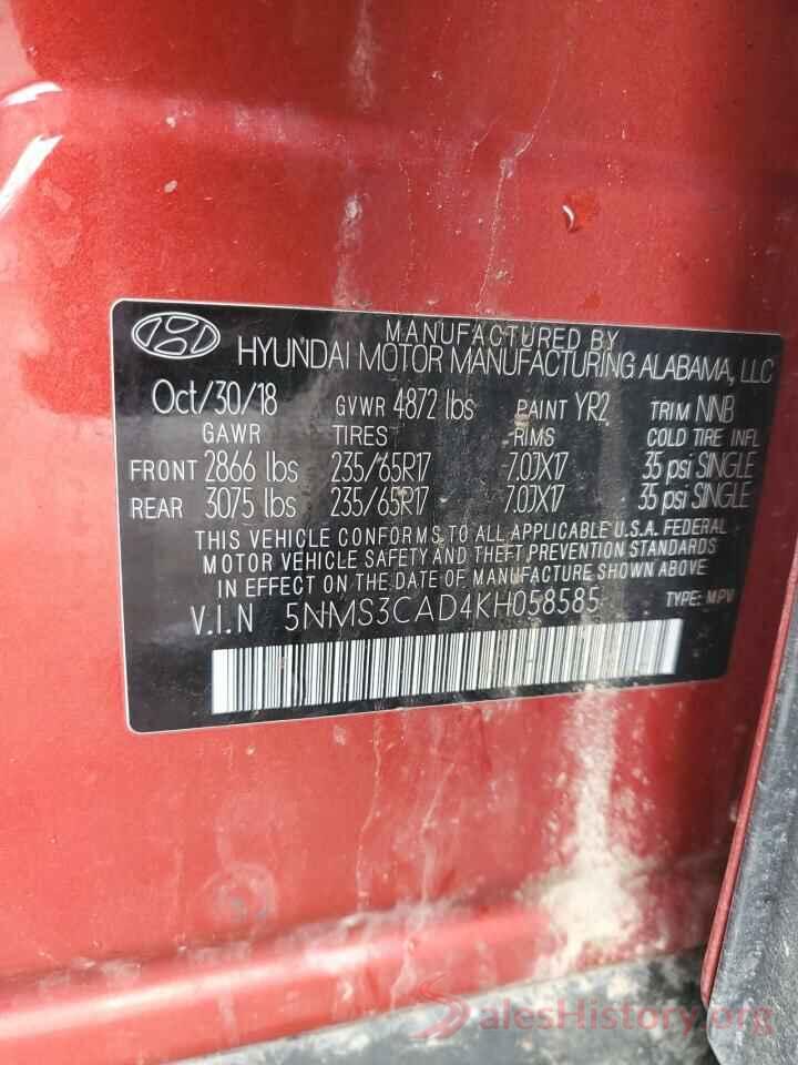 5NMS3CAD4KH058585 2019 HYUNDAI SANTA FE