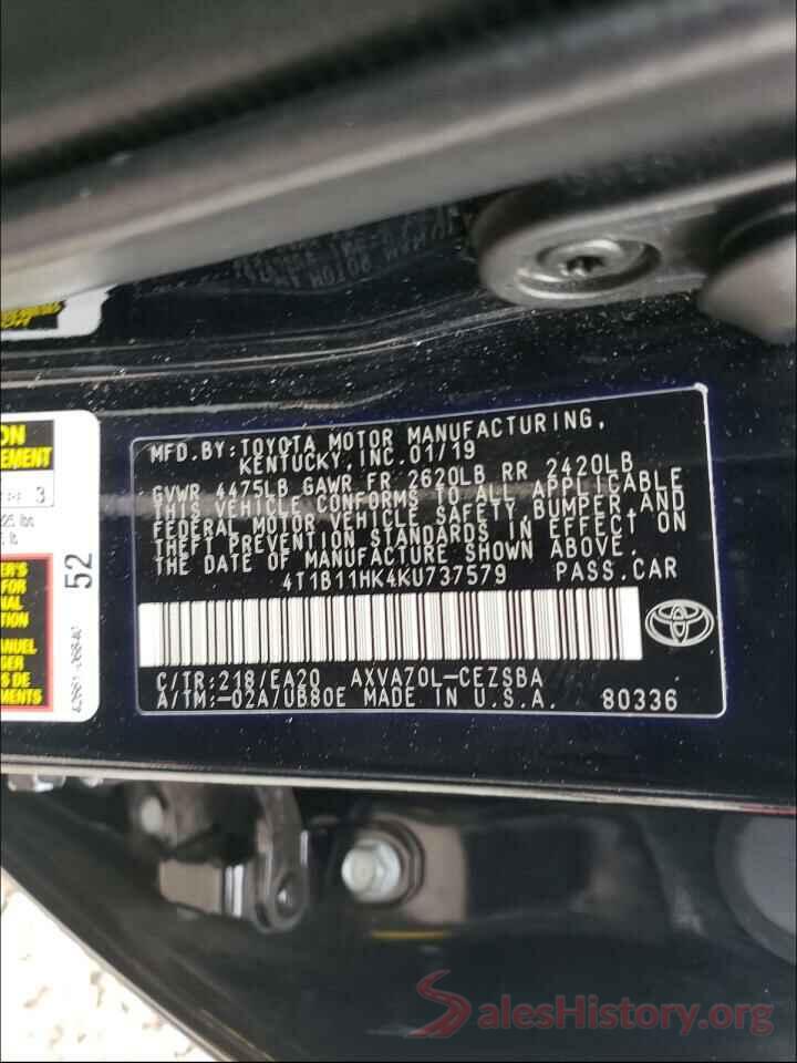 4T1B11HK4KU737579 2019 TOYOTA CAMRY