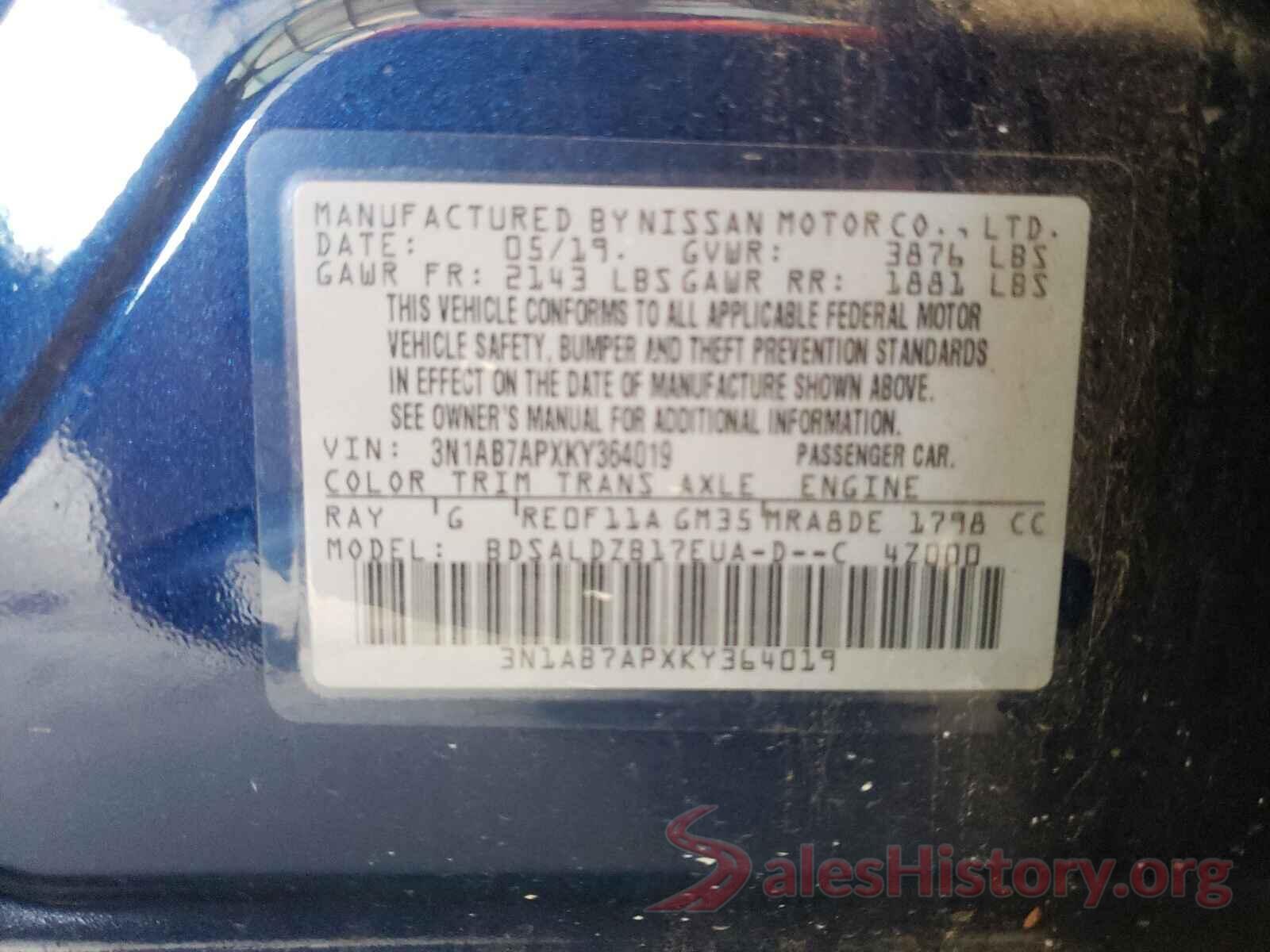 3N1AB7APXKY364019 2019 NISSAN SENTRA