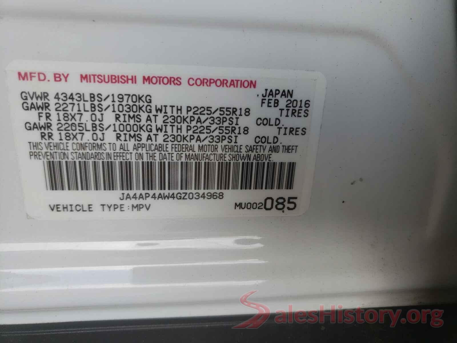 JA4AP4AW4GZ034968 2016 MITSUBISHI OUTLANDER