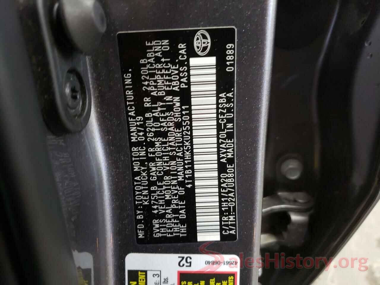 4T1B11HK5KU255011 2019 TOYOTA CAMRY