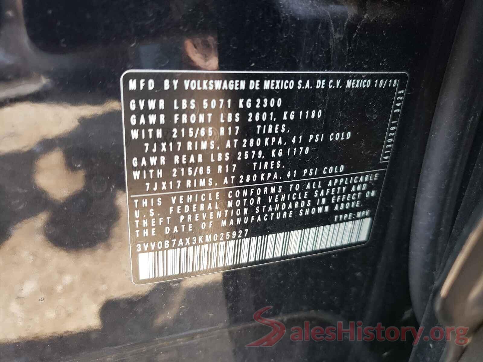 3VV0B7AX3KM025927 2019 VOLKSWAGEN TIGUAN